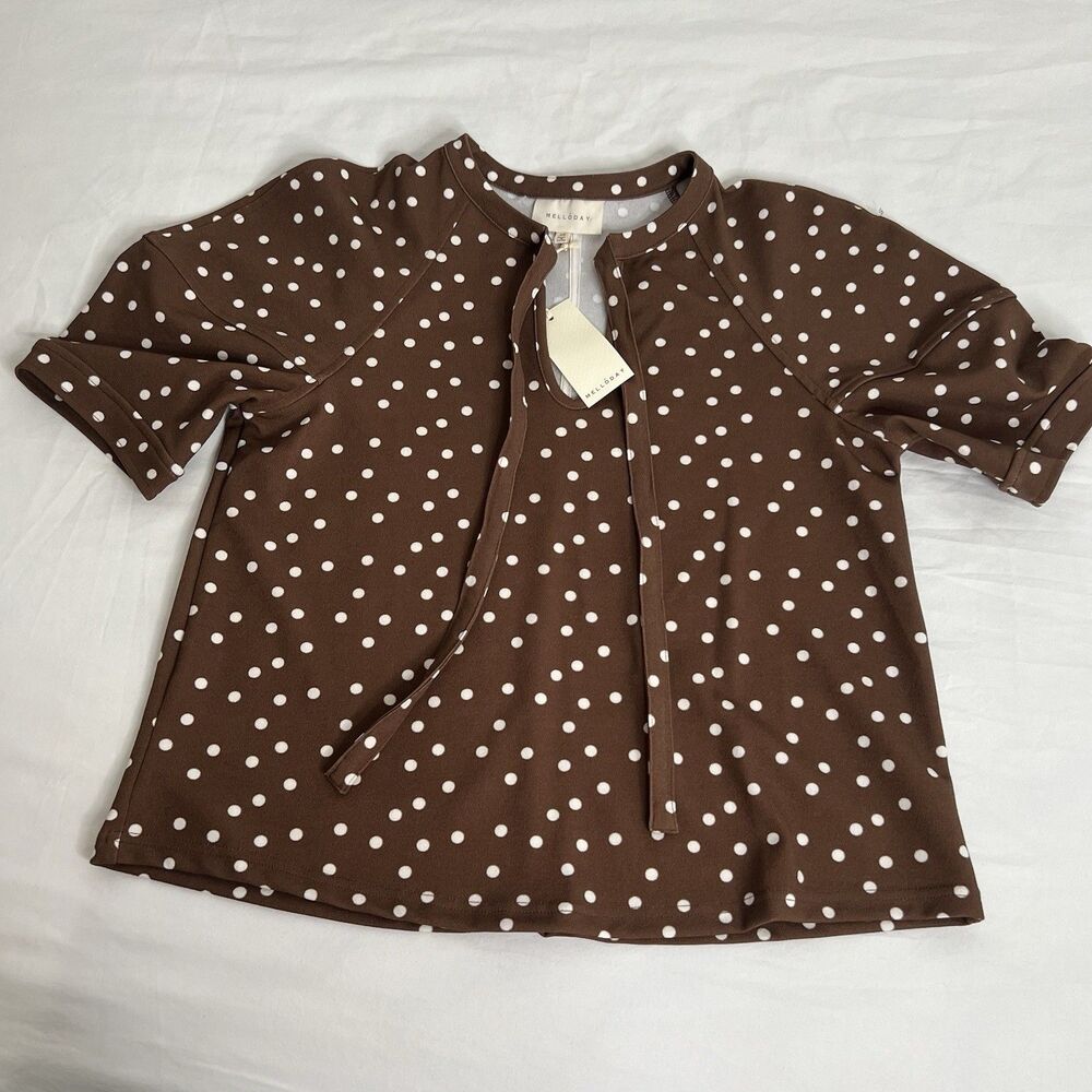 MELLODAY Women Top Brown Polka Dots White Short Sleeve Top Size XS - Picture 6 of 9